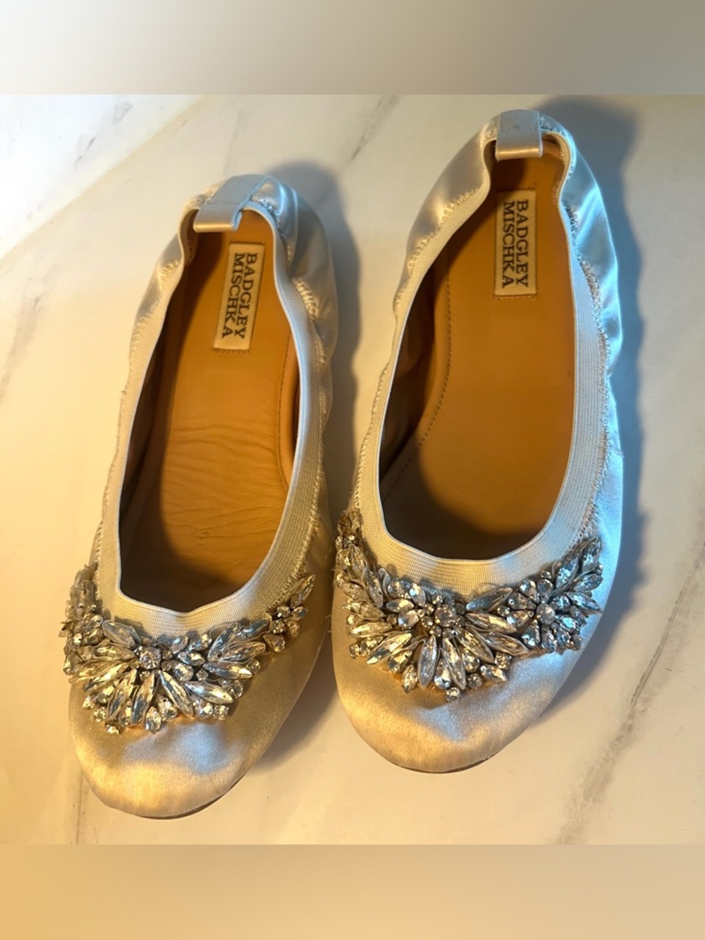 Badgley Mischka Sasha Ivory Satin Jeweled Embellished Ballet Flats Size 8.5